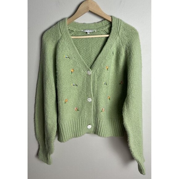 English Factory Sweaters - English Factory Green Floral Embroidered Cardigan Size Medium Cottagecore Womens